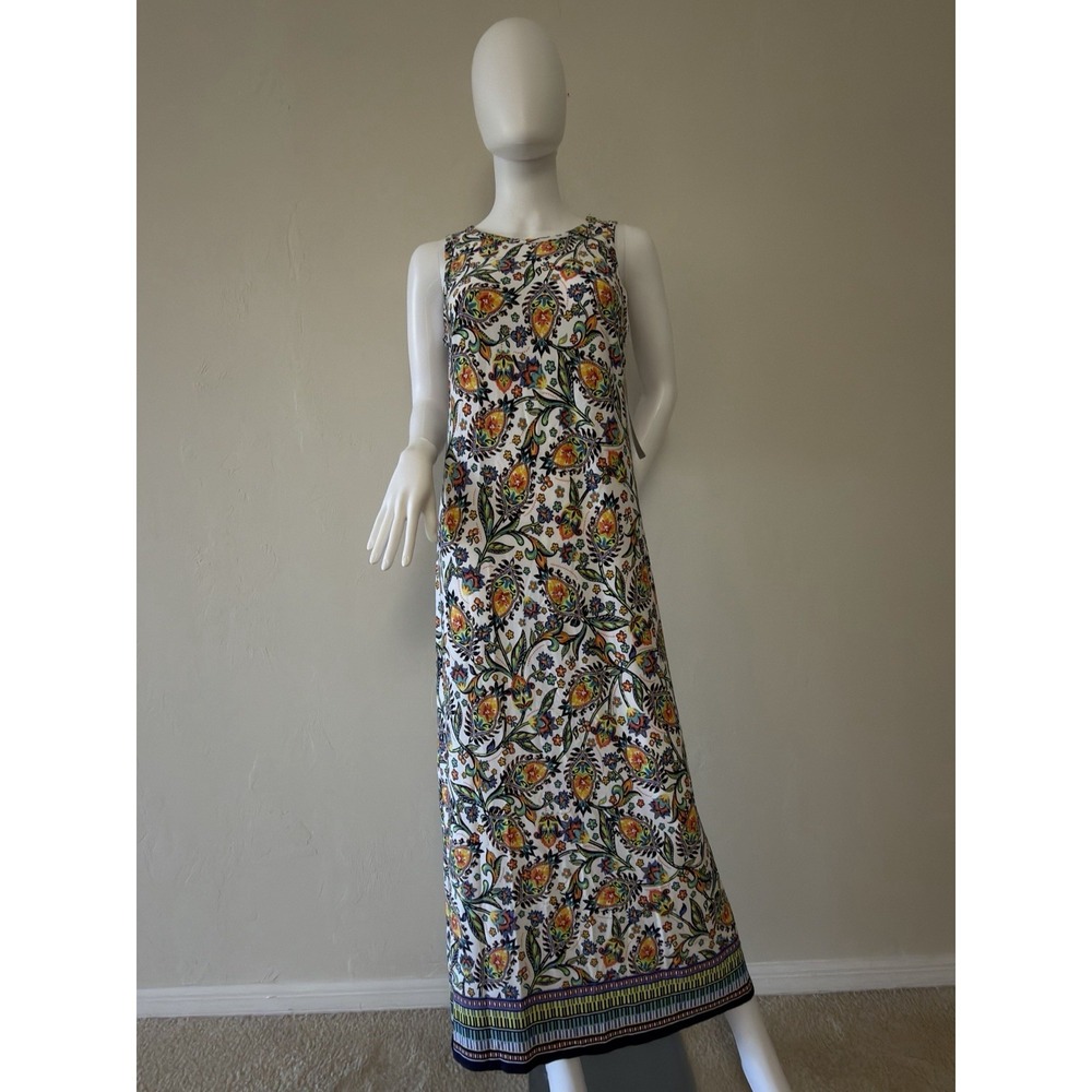 MSK White Multicolor Sleeveless Floral Maxi Dress Crew Neck Zip Lightweight M